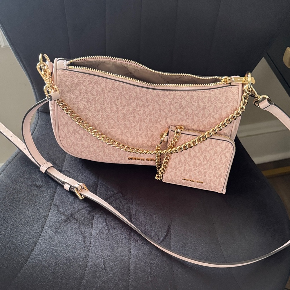 Michael Kors Blush Pink Signature Crossbody with Gold Chain